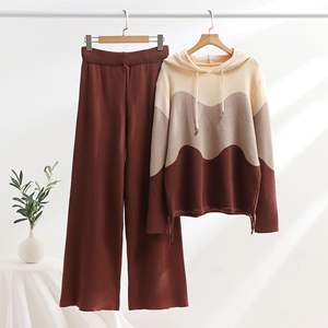 Pull à capuche en tricot personnalisé, couleur contrastée, nylon/coton, anti-froissement, luxe, femme, automne-hiver, nouveau, ensemble deux pièces - Product Image 1