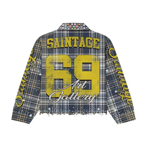 Ensemble court en flanelle délavée YUCHEN <span class=keywords><strong>haut</strong></span> <span class=keywords><strong>de</strong></span> <span class=keywords><strong>gamme</strong></span>, 100 % coton pur, 220 grammes, style décontracté, à carreaux, avec strass thermocollés - Product Image 3