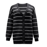 Cardigan en tricot rayé à col en V pour femme, noir et blanc, à rayures horizontales, simple boutonnage, coupe ample, manches longues, pour l'hiver