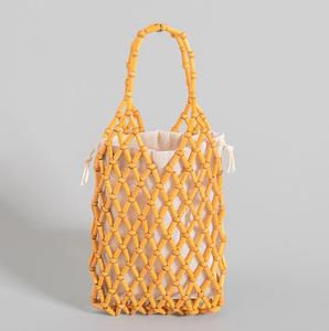 Bolso de cubo con cuentas de madera tejida para mujer, cartera informal ahuecada con bolsa interior, para vacaciones de verano, Bali - Product Image 3