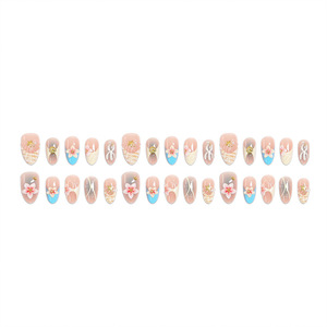 30 Uñas Postizas de Verano Azules Cromadas, Estilo Francés, Cobertura Completa, Almendradas Medianas, con Diseño Floral, Duraderas y Reutilizables - Product Image 4