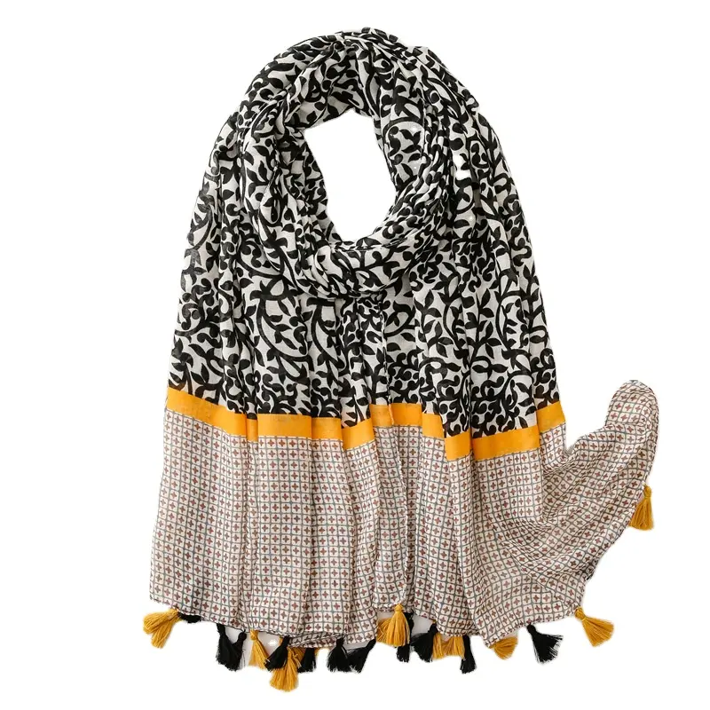 Student Long Shawl Ladies Autumn And Winter Cotton And Linen Scarf Korean Version Of The Wild Black Totem Floral Scarf