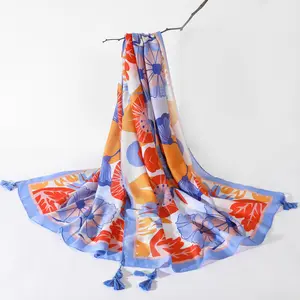 Wholesale Women Scarves & Shawls Floral Digital Printing Sarong Scarf with Tassel Summer Beach Towel Ladies Scarf and Shawls