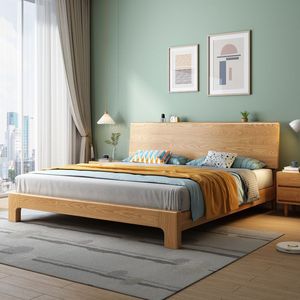 Cama doble de madera maciza de fresno de 1.8 m, estilo nórdico japonés, tipo plataforma, para uso doméstico o de alquiler. - Product Image 1