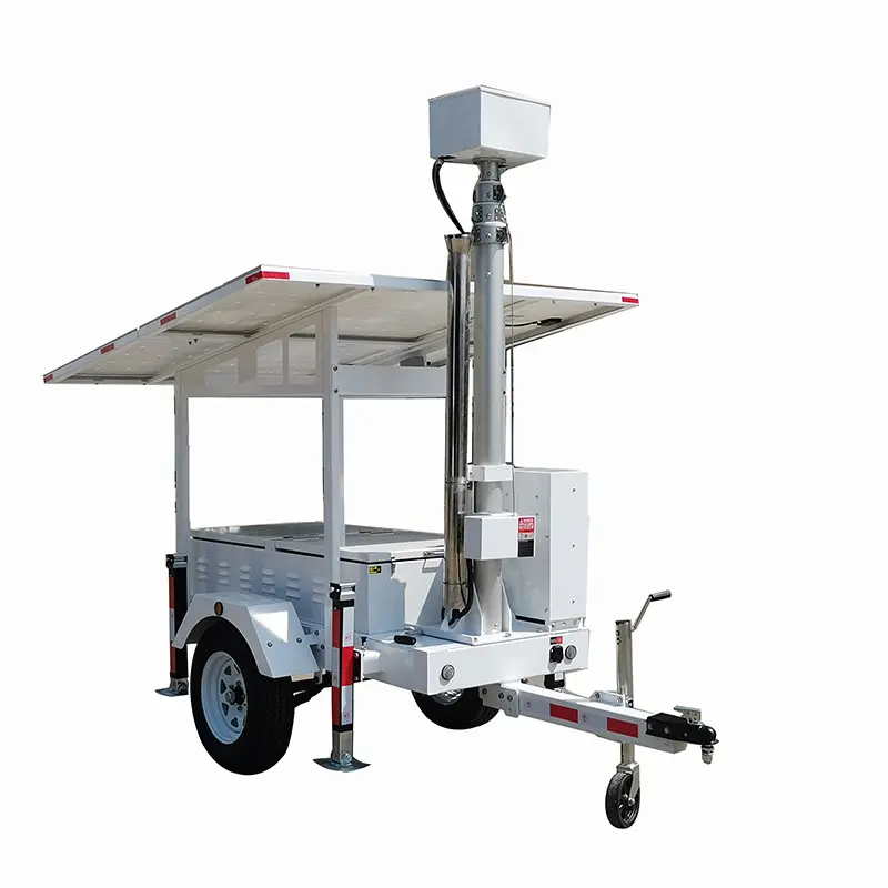 High definition camera installed on mobile trailer 6 to 9 meters mast with solar generator for security monitoring