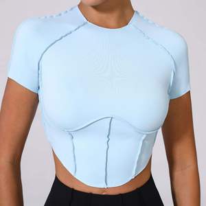 Haut de yoga à manches courtes pour femme, sans rembourrage, séchage rapide, coupe ajustée, style crop top, pour la course, la gym et l'entraînement - Product Image 4