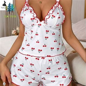 Pijamas Curtos Yanzhui com Estampa de Cereja, Top Casual Suspenso para Meninas Adolescentes, Conjunto de Roupas de Dormir Sexy para Mulheres - Product Image 1