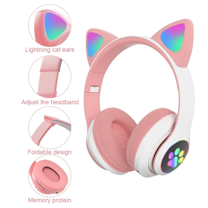Flash Light Cute Cat Ears Bluetooth Wireless Headphone with Mic Can control LED Kid Girl Stereo Music Helmet Phone Headset Gift