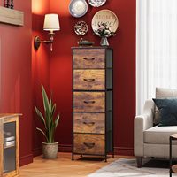 WLIVE Commode haute à 5 tiroirs en MDF, finition grain de bois brun rustique, avec cadre en acier et bacs en tissu, organisateur de rangement pour chambre et placard