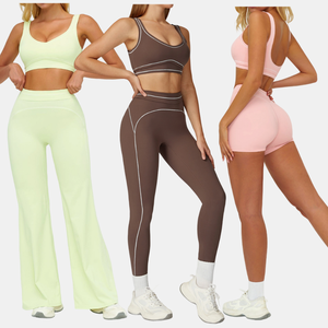 Ensemble quatre pièces pour femmes avec soutien-gorge <span class=keywords><strong>de</strong></span> sport à col en U, short taille haute, leggings et pantalon large avec détails <span class=keywords><strong>de</strong></span> lignes blanches, vêtements <span class=keywords><strong>de</strong></span> sport extensibles et doux - Product Image 4