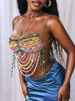 Guayue Chaîne de corps en alliage avec perles acryliques colorées, style soutien-gorge, chaîne de poitrine de luxe à dégradé, harnais à pampilles fait main, pour mariage, fête, festival