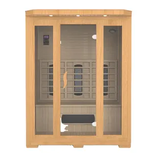 Sala de sauna de madeira seca infravermelha distante de canto interno com painel de controle para 4 pessoas