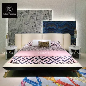 Meubles de chambre à coucher villa haut de gamme fabriqués en usine lits queen modernes en cuir revêtement tissu lit double king size de luxe