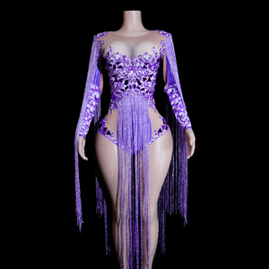Combinaison sexy violette à imprimé numérique, ornée de strass et de franges en cristal, pour spectacle sur scène, performance de drag queen, chanteuse, diva, <span class=keywords><strong>costume</strong></span> - Product Image 1