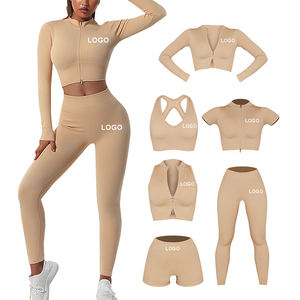 Baju Olahraga Wanita Mewah Tanpa Jahitan, Atasan Crop Top Yoga, Setelan <span class=keywords><strong>2</strong></span> atau <span class=keywords><strong>3</strong></span> Potong, Bahan Ribbed dengan Ritsleting, Setelan Fitness Gym Wanita, Legging dan Celana Pendek - Product Image 1