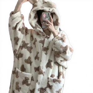 Winter <b>Bear</b> Nightgown Women's Flannel Warm Thickened Hooded Shorts Button Cartoon <b>Cute</b> ODM Drawstring Home Clothes - Product Image 3