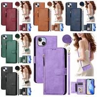 Étui en cuir de portefeuille multifonction à fermeture éclair pour Iphone 16 15 14 13 Mini 12 11 PRO MAX XS XR 8 7 PLUS 6 lanière de couverture de sac à main d'argent