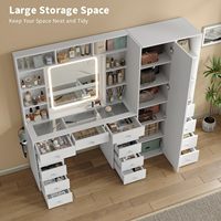 Vente en gros de coiffeuses modernes en bois personnalisables avec miroir LED pleine longueur, couleur blanche |   Meuble de rangement à 15 tiroirs et compartiments ouverts avec prise électrique pour maquillage