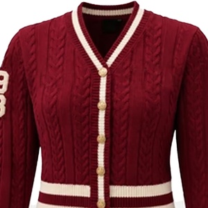 Cardigan en tricot pour femmes de sororité universitaire, col en V, tricot torsadé marron et blanc, style preppy universitaire, couleur contrastée - Product Image 2