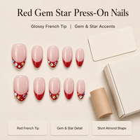 H005-14 Kaixin Faux Ongles Courts Amande à Coller, Effet Nude Transparent, French Manucure Rouge avec Strass Étoile, Faux Ongles Brillants