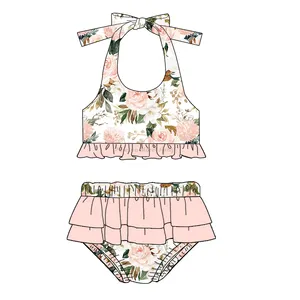 Puresun Cute Kids Girl Clothing Sets Breathable Floral Print Swimsuit Beach Embroidery Custom Design OEM Service Available