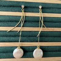 Boucles d'oreilles pendantes en argent 925 plaqué or avec pompon, perle d'eau douce de forme ronde de 12-14 mm, style classique