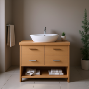 Meuble de salle de bain moderne avec vasque en céramique, largeur 39,4 pouces, tiroirs en bois massif, finition brun clair, sur pieds. - Product Image 2