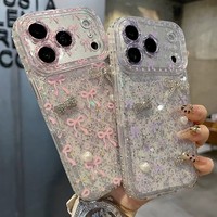 Étui de téléphone transparent de luxe scintillant avec strass et nœud pour iPhone 14 15 16 17 18 Pro Max pour femme