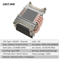 Lga2011 2u Cpu Heatsink ailettes en aluminium avec 4 caloducs 150w Tdp 12v 4pin Pwm Lga 2011 Cpu Cooler pour processeur de serveur