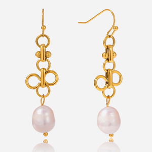 ต่างหูมุกน้ำจืด 18K สแตนเลสสตีล ดีไซน์ทรงเรขาคณิต ใส่ได้ทุกวัน - Product Image 1