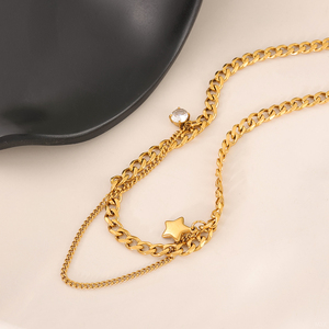 Collana a Catena Cubana Stratificata con Stella in Zirconia Cubica Placcata Oro 18K, Gioiello Minimalista Impermeabile per Donne - Product Image 5