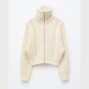 เสื้อคาร์ดิแกนผู้หญิงแบบซิป ผ้าถักลายเคเบิ้ล คอปกพับ แขนยาว หนา - Product Image 5