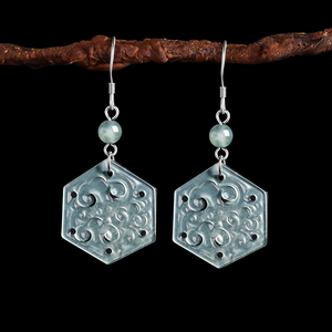 Natural Emerald Blue Water Antique Earrings - S925 <b>Silver</b> Set with Ice-Grade Jade Ancient-style Ear Pendants - Product Image 4