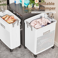 Ensemble de rangement pour linge sale pliable avec panier à roulettes en plastique, type autoportant pour salle de bain