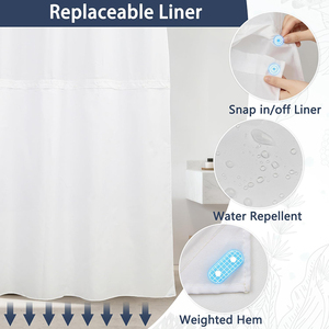 Rideau de douche décoratif en tissu double couche sans crochets, motif corail marin côtier, avec fenêtre supérieure en maille - Product Image 4