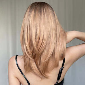 Perruques synthétiques Ainizi à livraison rapide, vente en gros, brun foncé ombré <span class=keywords><strong>blond</strong></span>, longueur moyenne, <span class=keywords><strong>cheveux</strong></span> naturels pour femmes avec frange - Product Image 5