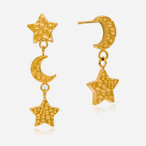 Boucles d'oreilles pendantes étoile et lune en acier inoxydable martelé, bijoux fantaisie géométriques - Product Image 1