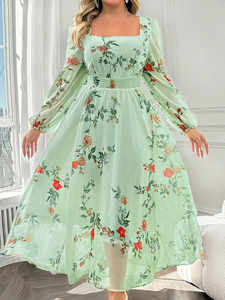 Celure Gaun lengan lentera berlipat, ukuran Plus motif mawar elegan sifon pinggang, cocok untuk Musim Semi dan Gugur, Valentine - Product Image 4