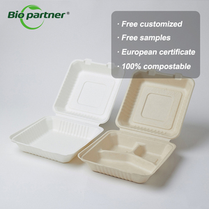 3 Compartment Biodegradable Paper Bagasse Sugarcane Microwavabl Bento Meal lunch Box Takeaway Packing Food Container