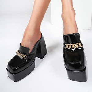 Sandalias de Tacón Alto con Punta Cuadrada, Cómodas y Sensuales, con Cadena Dorada, Parte Superior de Cuero Vacuno, Estilo Slip-on, Plataforma para Mujer, Verano-Otoño - Product Image 5