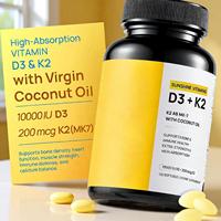 Capsules de Vitamine D3+K2 (MK-7) à Haute Absorption avec Huile de Coco Vierge 10000UI D3 200mcg K2 Favorise la Santé des Os et du Cœur pour Adultes