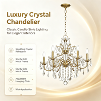 Lustre en cristal à 5 lumières, lampe suspendue en métal doré avec prismes en cristal transparent, luminaire suspendu classique pour salon