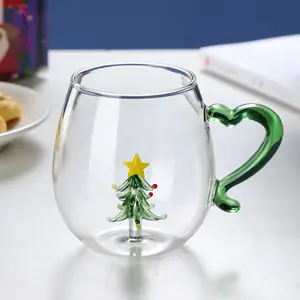 Прозрачная боросиликатная термостойкая уникальная Милая стеклянная чашка с цветной ручкой, Рождественская елка, Санта-Клаус