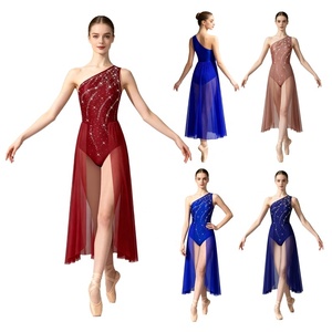 Vestido de Danza Lírica para Mujer, de un Solo Hombro, con Pedrería en el Corpiño, Falda Larga Transparente con Abertura Alta, Traje de Danza Contemporánea - Product Image 1