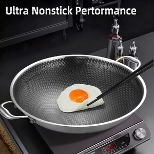 <span class=keywords><strong>Wok</strong></span> Grande Antiadherente de Acero Inoxidable 316 de Triple Capa con Diseño de Panal de Abeja de Doble Cara para Inducción - Product Image 5
