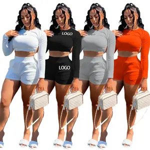 custom two piece set women rhinestone 2 piece set for women Long sleeves shorts and shirt set 2023 summer fall women's clothing