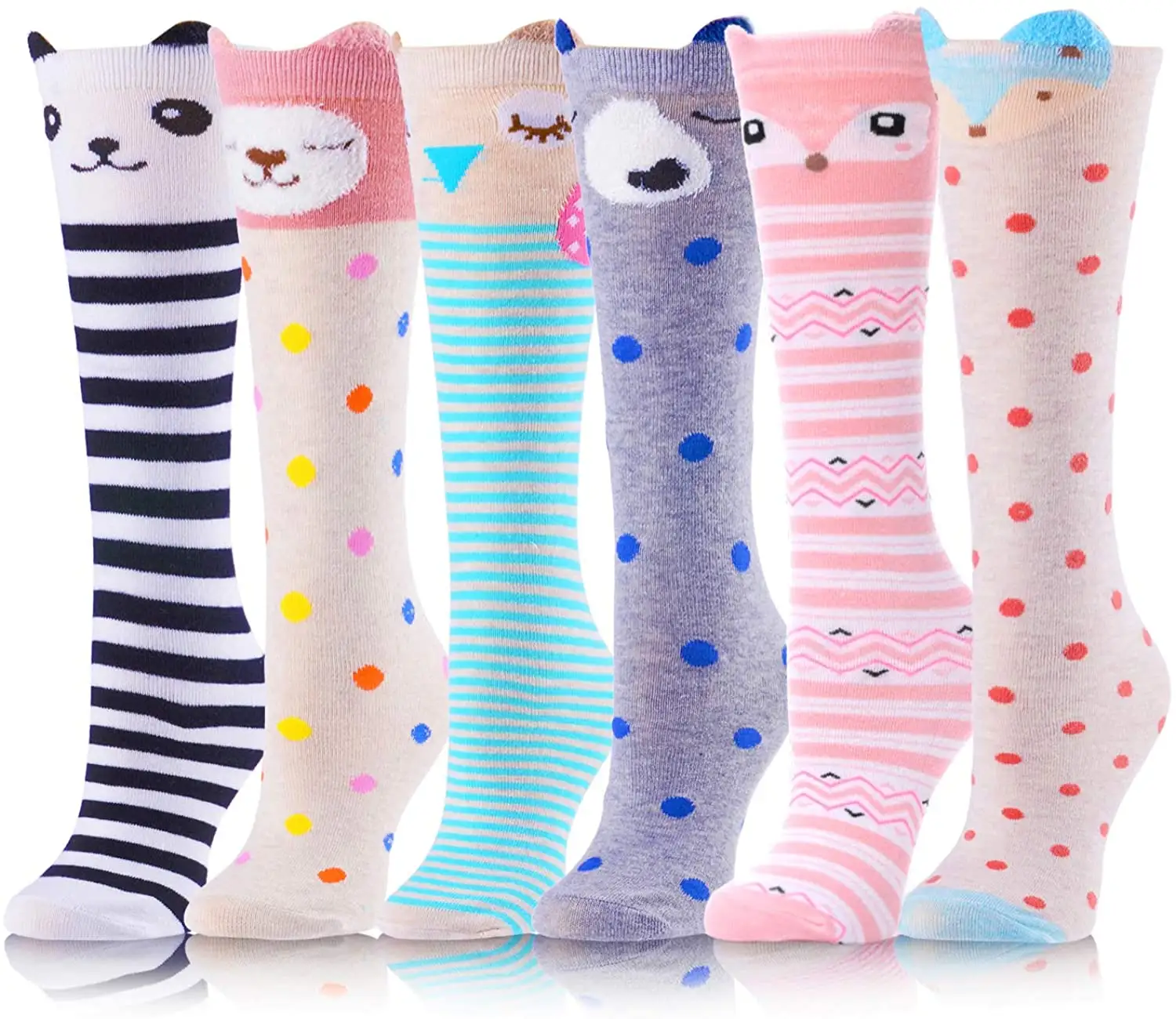 ANIMQUE 3 pares calcetines de algodón largos para bebé 0-36 meses niños niñas calcetines hasta la rodilla dibujos animados animal calcetines de becerro casual transpirable cómodo 
