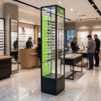 Vitrine d'exposition de lunettes en métal et acrylique sur mesure à 4 faces, verrouillable, avec barre en aluminium, pour magasin d'optique