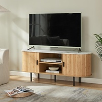 Table TV moderne en bambou avec 2 portes coulissantes et compartiments de rangement, meuble TV console avec plateau blanc |   Usine Homex_BSCI