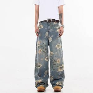Pantalones de mezclilla unisex de cintura alta con estampado floral retro americano, diseño de nicho, pierna ancha y holgada, a la moda, para comercio exterior 2025 - Product Image 2